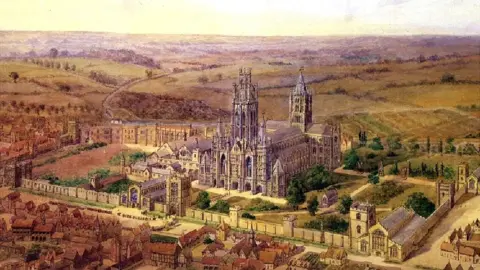St Edmundsbury Cathedral The Abbey of Bury St Edmunds in its heyday (artist's impression by WK Hardy)