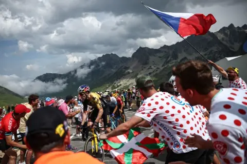 Anne-Christine Poujoulat / AFP Jumbo-Visma's Belgian rider Wout Van Aert leads a breakaway in the ascent of the Col du Tourmalet