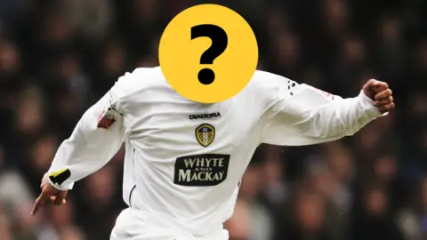An image of a Leeds player with their face obscured by a yellow circle containing a black question mark