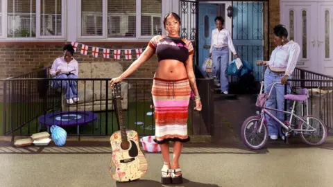 Rachel Chinouriri Album cover for Rachel Chinouriri's What A Devastating Turn of Events. Rachel is pictured in four poses outside a London council flat. On the left, she sits on the arm of an old fashioned sofa, wearing jeans and a tracksuit top while writing a diary. At the back, she walks out of a blue front door in the same outfit while carrying bags of shopping. On the right, she's pictured with a flip phone holding a purple bicycle. In the foreground in front of black metal railings, Rachel wears a striped skirt and black crop top, holding an acoustic guitar in her right hand and looking to the left. Adorning the flat's window is England flag bunting