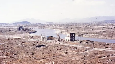 US National Archive General view of Hiroshima, Japan as seen from vicinity of 'zero', shows complete devastation as a result of atomic bombing.