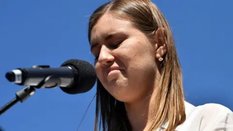 Getty Images Brittany Higgins speaking at the Canberra March 4 Justice protest on Monday