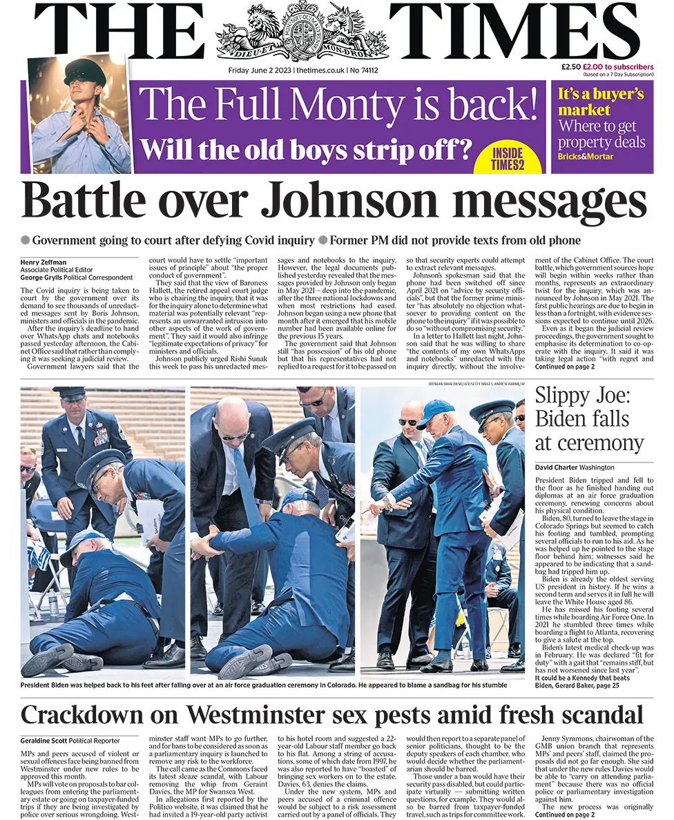 The headline in the Times reads: "Battle over Johnson messages"