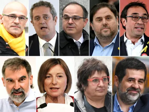 Getty Images Jailed Catalan separatist leaders (top L-R) Raul Romeva, Joaquim Forn, Jordi Turull, Oriol Junqueras, Josep Rull (bottom L-R) Jordi Cuixart, Carme Forcadell, Dolors Bassa and Jordi Sanchez