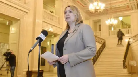 Press Eye Karen Bradley, pictured at a press conference in Stormont