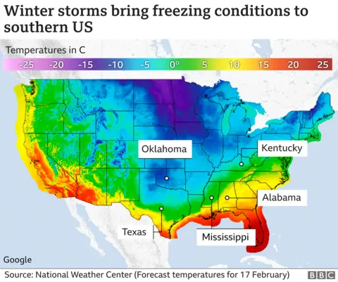 Image shows temperatures in US