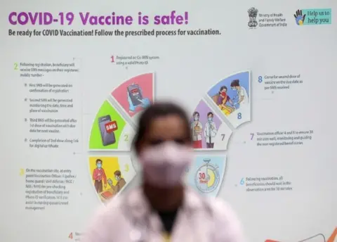 EPA A doctor waits near a vaccination guideline poster in a Covid-19 vaccination centre during a second phase of mock vaccinations in Kolkata, India, 08 January 2021. Drug Controller General of India (DCGI) has approved the emergency use of coronavirus vaccine developed by AstraZeneca and Oxford University.