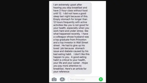 SUBTLE ASIAN TRAITS A screenshot of a text reads: "I am extremely upset after hearing you skip breakfast and have 2-hour class without food until 12. I did not have a good sleep last night because of this. Empty stomach for longer than 12 hours frequently with active activities like you is not good for your health, especially when you work hard and under stress like what happened recently. I have a colleague whose husband was a top graduate from Princeton and a top investor in Wall Street. He had to give up his loved job because stomach issue and diabetes caused by his bad eating habit. I don't like this happen to you. A good eating habit is critical to your health, your life and your career. Hope you pay more attention to breakfast. Here's an article for your reference."