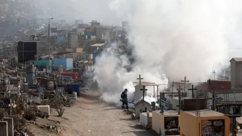 Reuters Huge vapour cloud as worker sprays graves at a cemetery in Lima to protect against the spread of dengue fever