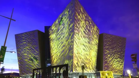 Pacemaker Titanic Belfast lit up in remembrance of those who have died during the Covid pandemic