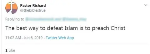 Twitter/@thebiblestrue Tweet: The best way to defeat Islam is to preach Christ