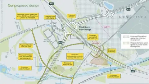 National Highways map of proposed improvements to Thickthorn roundabout, Norwich