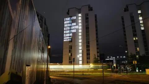 Grenfell united Image of message which appears NV Building in Salford