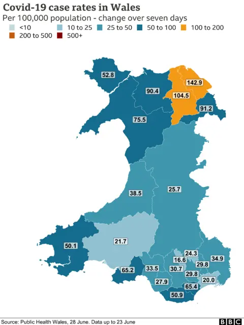 Covid case rate map of Wales