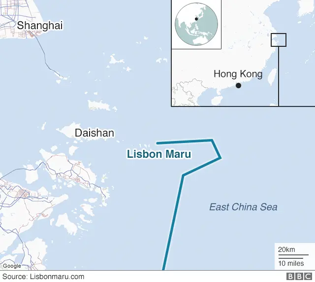 Map showing location of Lisbon Maru