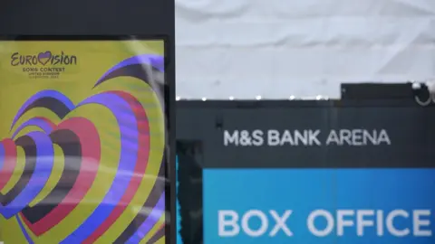 Reuters Signage is seen outside the M&S Bank Arena which will be the venue for the Eurovision Song Contest in May 2023, in Liverpool, Britain, March 8, 2023