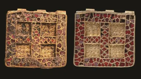 MOLA A square red and gold pendant before and after cleaning