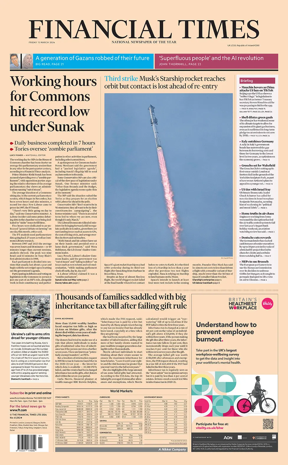 BBC The headline in the Financial Times reads: "Working hours for Commons hit record low under Sunak".