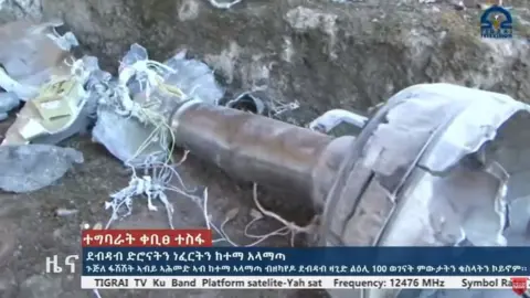 Screengrab from Tigrai TV showing the remains of a tailpipe from a Blue Arrow 7 Missile