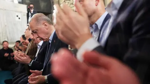 TURKISH PRESIDENCY / MURAT CETINMUHURDAR / HANDOUT Mr Erdogan led Saturday prayers at Hagia Sophia mosque in Istanbul