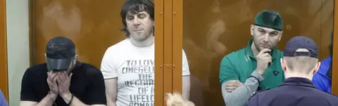 Getty Images Khamzat Bakhayev (L), Temirlan Eskerkhanov (C) and Shadid Gubashev (R) hear their sentences in court