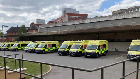 BBC Ambulances parked outside Leicester Royal Infirmary