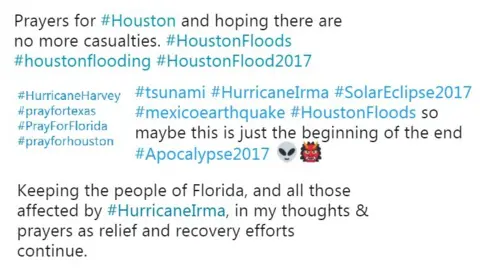 Twitter A selection of tweets with hashtags such as #HurricaneIrma and #PrayforHouston that offer little useful information