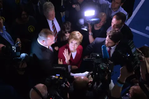 Mark Runnacles First Minister and SNP Leader Nicola Sturgeon arrives at the counting hall during the UK Parliamentary Elections at the Emirates Arena on 9 June 2017 in Glasgow, Scotland.