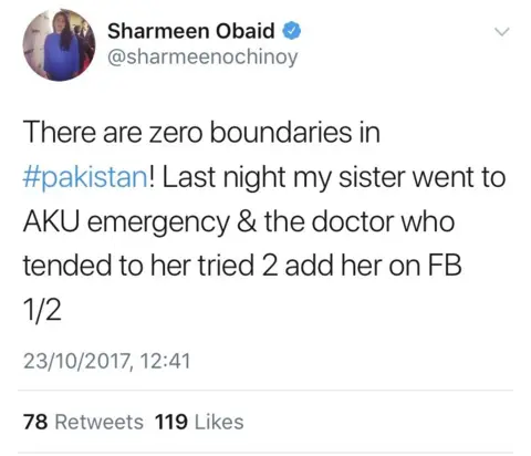 Sharmeen Obaid / Twitter Tweet by Sharmeen Obaid: "There are zero boundaries in Pakistan! Lat night my sister went to AKU emergency and the doctor who tended to her tried to add her on Facebook."