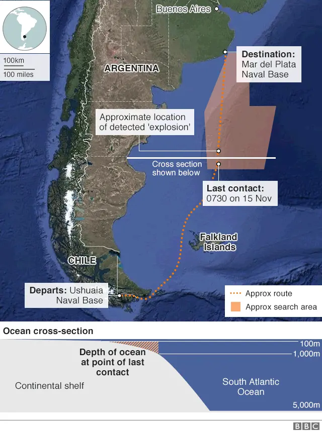 Map: Area where the ARA San Juan disappeared on 15 Nov