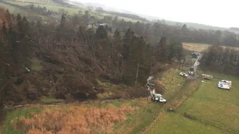 Northern Powergrid View from helicopter of dozens of trees blown over