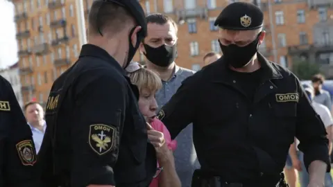 EPA Protestors gathered on Friday in Minsk, Belarus before police moved in