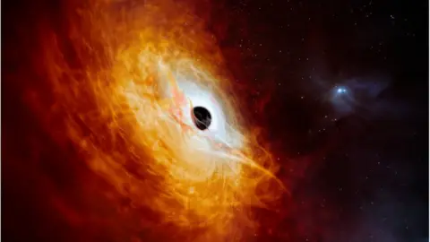 Vue d'artiste de l'ESO montrant le quasar record J0529-4351