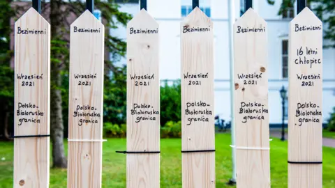 Getty Images Remembering six refugees who died trying to cross between Belarus and Poland - outside the Polish embassy in the Netherlands