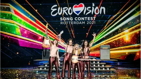 NPO/NOS/AVROTROS NATHAN REINDS Picture of Maneskin winning the Eurovision Song Contest