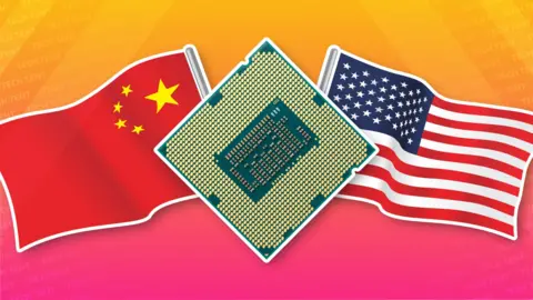 Getty Images A computer chip beside the China and US flags