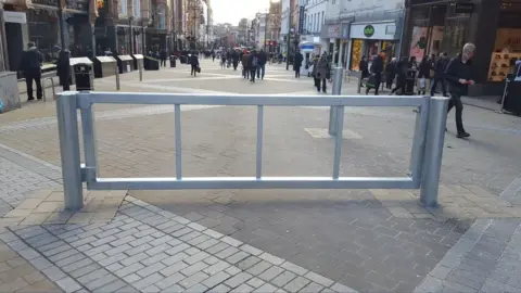 Leeds City Council Security gate at the top of Briggate