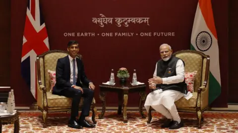 Getty Images NEW DELHI, INDIA - SEPTEMBER 09: Prime Minister Narendra Modi of India holds a bilateral meeting with British Prime Minister Rishi Sunak during the G20 Leaders' Summit on September 9, 2023 in New Delhi, Delhi. This 18th G20 Summit between 19 countries and the European Union, and now the African Union, is the first to be held in India and South Asia. India's Prime Minister, Narendra Modi, is the current G20 President and chairs the summit. (Photo by Dan Kitwood/Getty Images)