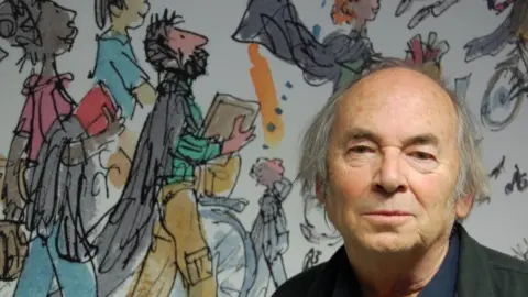 Quentin Blake with his art at Addenbrooke's Hospital in Cambridge