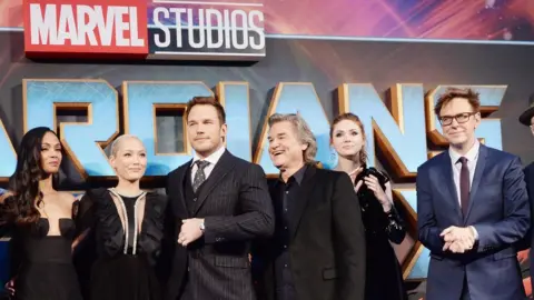 Getty Images James Gunn (right) with the Guardians of the Galaxy cast