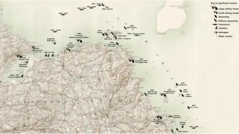 DAERA/Ordnance Survey Ireland Aircraft and shipwrecks off the coast of Northern Ireland are recorded and mapped