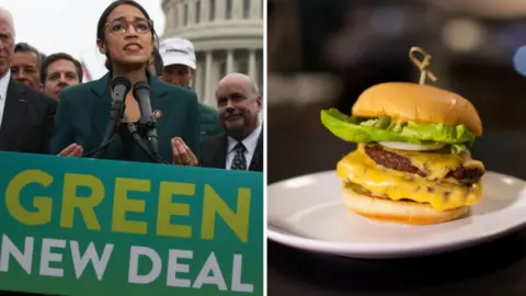 Getty Images Congresswoman Alexandria Ocasio-Cortez launching the Green New Deal and a hamburger