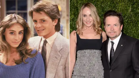 Getty Images Tracy Pollan and Michael J Fox in Family Ties and in real life