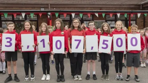 PA Media Pupils from Tonyrefail Primary School in Rhondda Cynon Taf hold up the new population figure for Wales