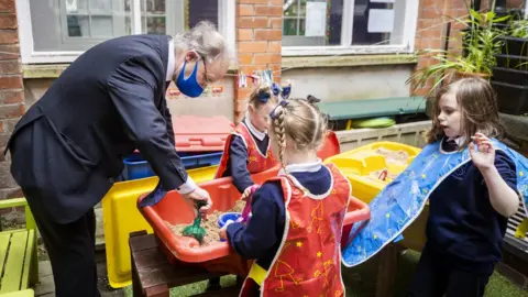 PA Media Education Minister Peter Weir and three schoolgirls plays in a sandpit in a school