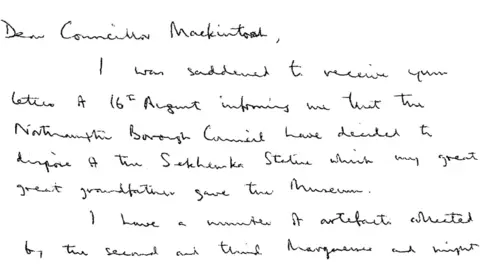 Marquess of Northampton  Letter from Marquess of Northampton, stating: Dear Councillor Mackintosh, I was saddened to receive your letter of 16th August informing me that the Northampton Borough Council have decided to dispose of the Sekhemka statue which my great-grandfather gave the museum. I have a number of artefacts collected by the second and third marquesses...