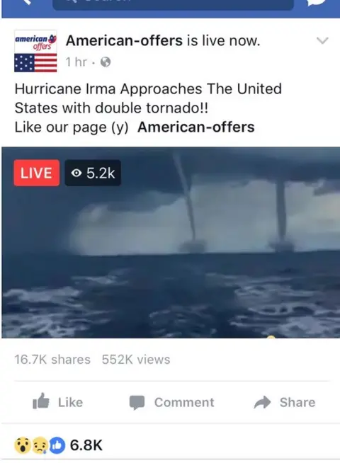 Facebook A Facebook Live claiming to show a double tornado approaching Florida was part of hurricane Irma was actually footage from at least 2007.