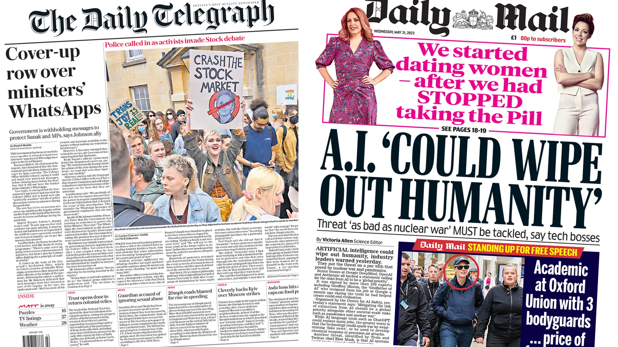 The headline in the Telegraph reads, "Cover-up row over ministers' Whatsapps", while the headline in the Mail reads, "A.I. 'could wipe out humanity'"