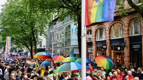 BBC New Street crowds watching Birmingham Pride