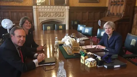 Nigel Dodds/Twitter DUP delegation - Nigel Dodds and Arlene Foster - with PM Theresa May